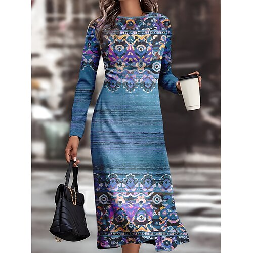 

Damen Arbeitskleidung Casual kleid Semi formelles Kleid Reifen winterkleider damen Täglich Midikleid Bedruckt Rundhalsausschnitt Langarm Stammes Schlank Blau Purpur Grün Herbst Winter S M L XL XXL