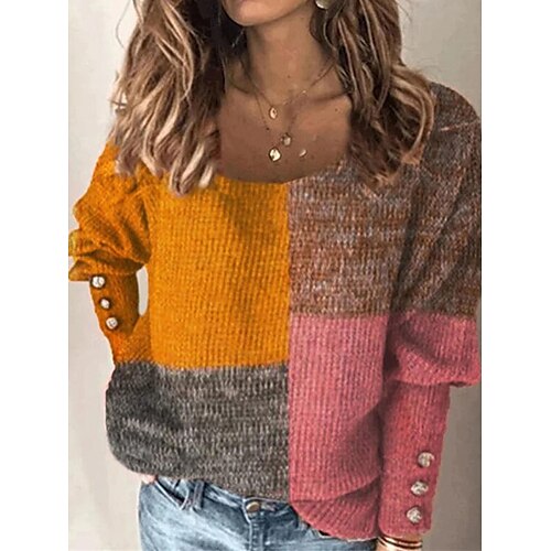 

Pull Maille Femme A côtes Tricoter Normal Patchwork Bouton Bloc de couleur Col Ras du Cou mode Décontractées Extérieur du quotidien manche longue Automne Hiver Noir Orange M L XL