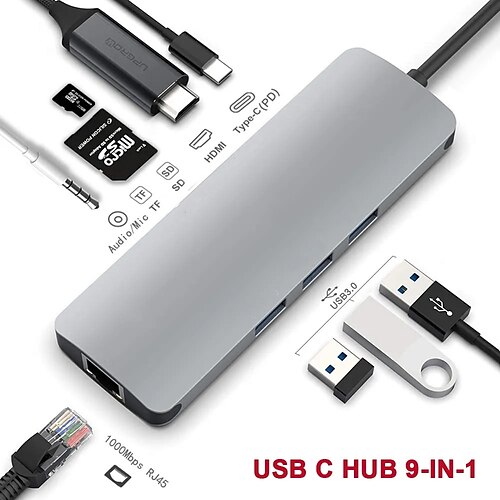 

Adaptador usb c hub9-em-1 tipo c com gigabit ethernet 4k hdmi usb 3.0 sd/tf pd divisor de áudio usb para laptops apple mac pro/air