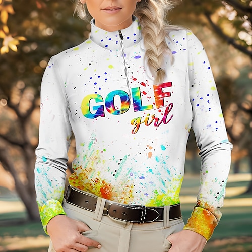 

Women's Polo Shirt Golf Shirt Breathable Quick Dry Moisture Wicking Long Sleeve Golf Apparel Golf Clothes Regular Fit Zipper Stand Collar Printed Spring Autumn Tennis Golf Pickleball