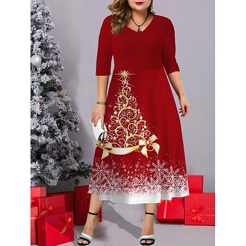 

femme noël grande taille courbe robe décontractée robe de travail robe trapèze arbre de noël flocon de neige robe midi demi manches poche imprimé col en v mode extérieur vin bleu marine automne hiver