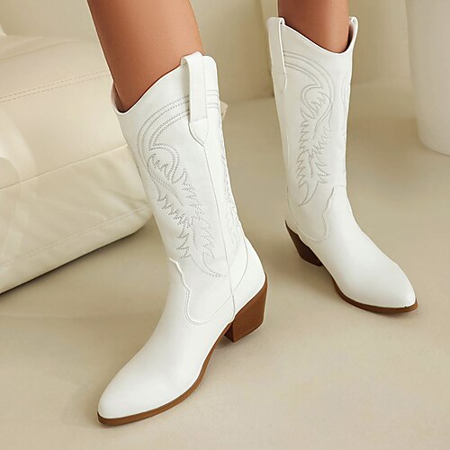 

Women's Boots Cowboy Boots Party Mid Calf Boots Embroidery Chunky Heel Round Toe Bohemia PU Loafer Embroidered Black White Pink