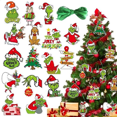 

32 peças enfeites pendurados para árvore de natal decoração de natal tema grinch decorações suspensas para festa etiquetas de presente penduradas cabide de natal grinch decoração de natal pingente