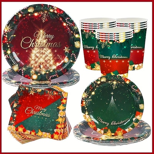 

Рождественская красно-зеленая посуда, украшение для рождественской вечеринки, ужина, одноразовая обеденная тарелка, бумажные салфетки, скатерть, бумажный стаканчик
