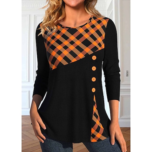 

Women's T shirt Tee Orange Plaid Button Print Long Sleeve Daily Weekend Basic Round Neck Regular Fit Painting Spring Fall