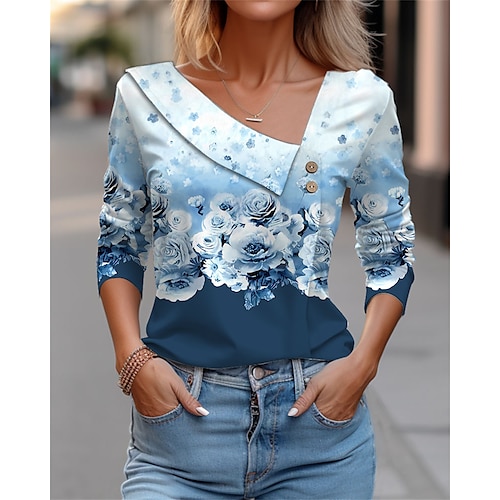 

Femme T shirt Tee Rouge Bleu Violet Floral Bouton Imprimer manche longue Vacances Fin de semaine Mode Col V Standard Fleur Peinture Printemps Automne