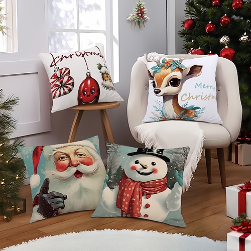 

Funda de almohada de doble cara de Papá Noel de Navidad, 4 piezas, reno, muñeco de nieve, funda de cojín cuadrada decorativa suave, funda de almohada para dormitorio, sala de estar, sofá, silla