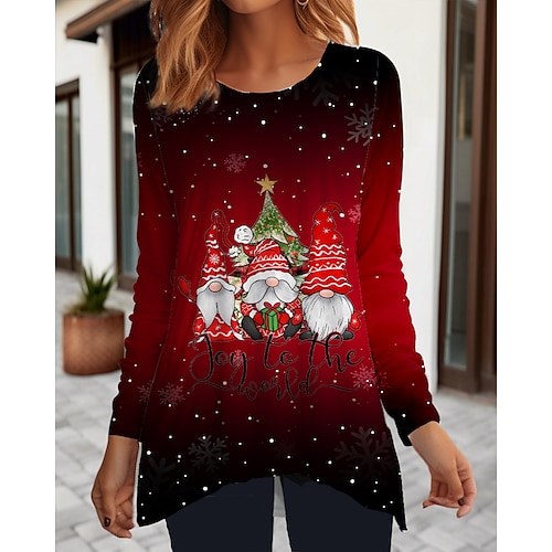 

Women's T shirt Tee Christmas Shirt Yellow Red Blue Santa's Helper Flowing tunic Print Long Sleeve Christmas Weekend Festival / Holiday Round Neck Regular Fit Painting Spring Fall