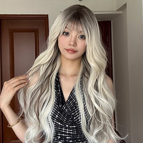 

24 Inch Synthetic Wig Women's Wig Blonde Long Wavy Hair with bangs Fashion Daily Party Cosplay