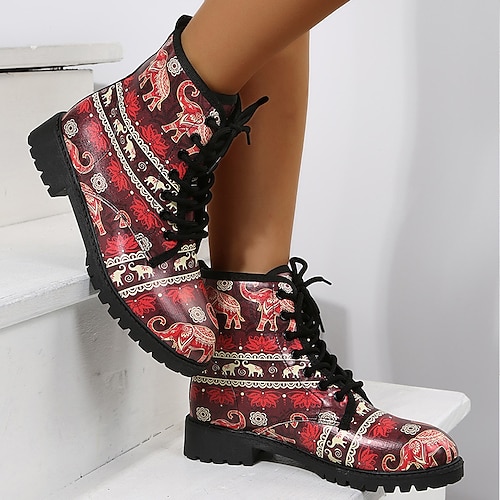 

Mujer Botas Botas de Combate Tallas Grandes Zapatos estampados Víspera de Todos los Santos Diario Botines Botines Tacón Plano Casual Confort PU Cordones Rojo