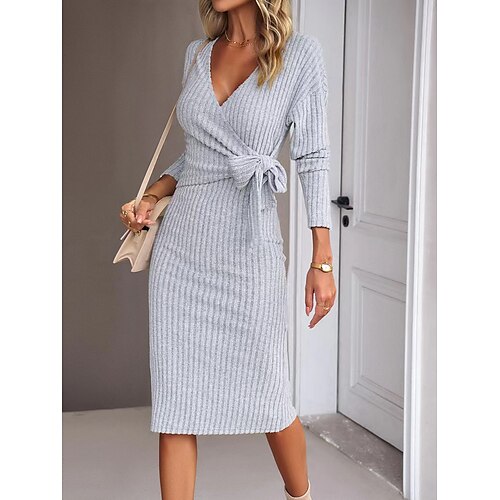 

Women's Sweater Dress Jumper Ribbed Knit Lace up Split Solid Color V Neck Stylish Casual Daily Going out Fall Winter Ocean green Dark Gray S M L