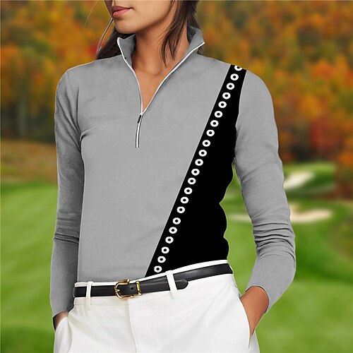 

Damen poloshirt Golfhemd Atmungsaktiv Schnelltrocknend Feuchtigkeitsableitung Langarm Golfbekleidung Golfkleidung Regular Fit Zip Stehkragen Bedruckt Frühling Herbst Tennis Golfspiel Pickleball