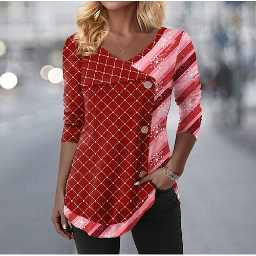 

Damen T Shirt Rote Plaid Taste Bedruckt Langarm Täglich Wochenende Modisch V Ausschnitt Regular Fit Farbe Frühling Herbst