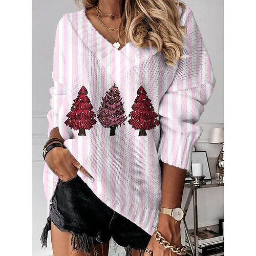 

Women's Pullover Sweater Jumper V Neck Crochet Knit Polyester Print Drop Shoulder Summer Spring Fall Regular Christmas Daily Stylish Casual Soft Long Sleeve Xmas Tree Print White Pink Red S M L