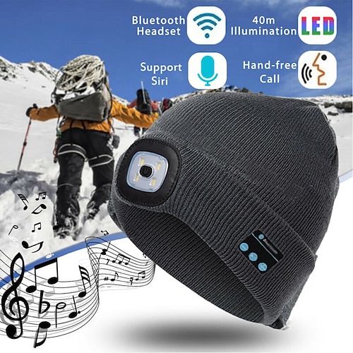 

Bluetooth Beanie Hat with Lights Microphones Rechargeable Headlamp Cap Wireless Headphones Gifts for Men Women Dad Teen