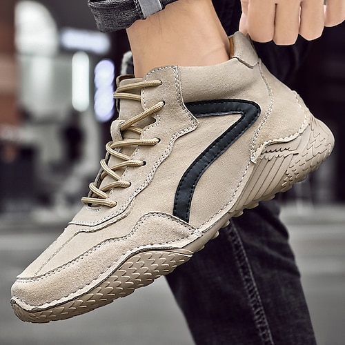 

Men's Boots Casual Shoes Plus Size Handmade Shoes Comfort Shoes Fleece lined Vintage Outdoor PU Warm Comfortable Slip Resistant Booties / Ankle Boots Lace-up Khaki Gray Fall Winter