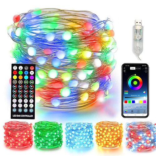 

Cadena de luces LED de alambre de cobre, USB, Bluetooth, centelleo con temporizador y control remoto, modos de colores divertidos, luces de fiesta