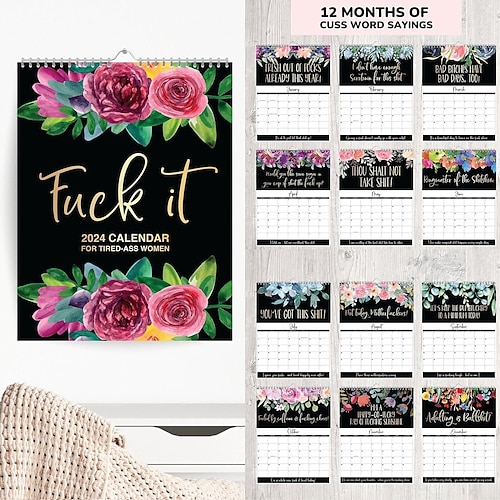 

2024 Wall Calendar for Tired-Ass Women, Funny Monthly Calendar with Hook, Handmade Home Office Hanging Calendar, White Elephant Gag Gift for Women