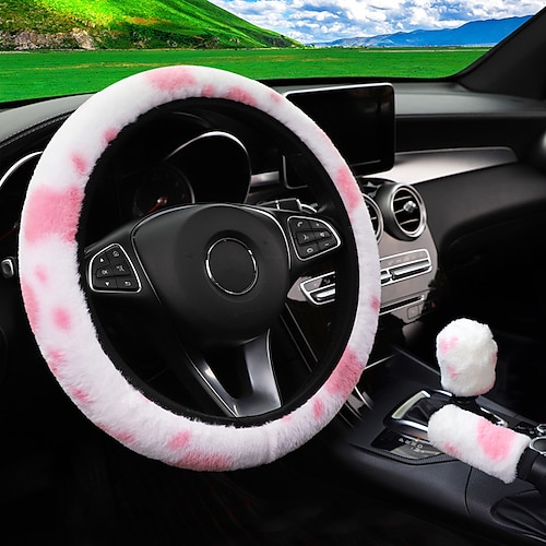 

StarFire 3pcs Milk Cow Print Pattern Steering Wheel Cover Car Auto Protector Women Girl Anti Slip Skid Non Slip Furry Fluffy Warm Soft Handbrake Gear Sleeve