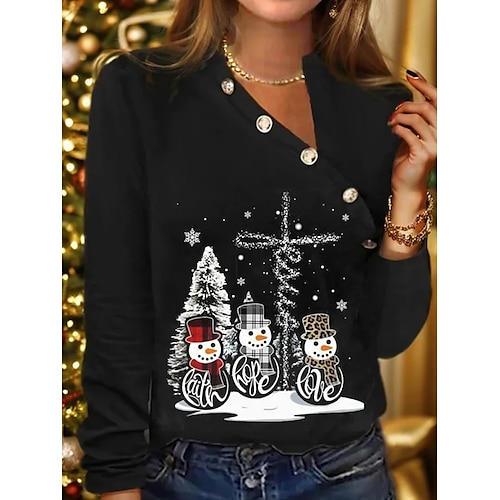 

Femme T shirt Tee Chemise de Noël Noir Bonhomme de neige Bouton Imprimer manche longue Noël Fin de semaine Fête / Célébration Noël Col V Standard Peinture Printemps Automne