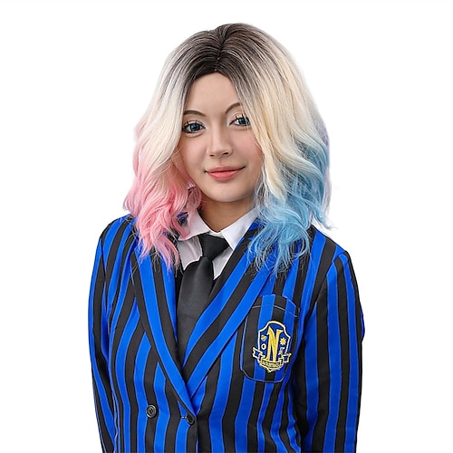 Ombre Blonde Pink And Blue Wig Short Wavy Side Part Hair Adults