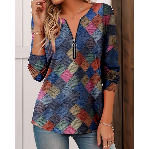 

Damen T Shirt Rosa Blau Grün Plaid Viertel Postleitzahl Bedruckt Langarm Täglich Wochenende Modisch V Ausschnitt Regular Fit Geometrisch Farbe Frühling Herbst