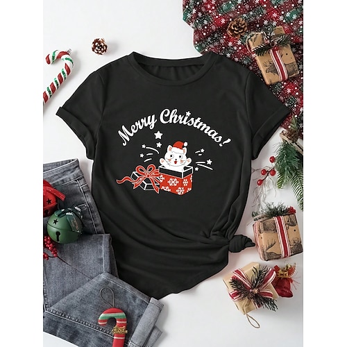 

Women's T shirt Tee Christmas Shirt Black Cat Letter Print Short Sleeve Christmas Weekend Festival / Holiday Round Neck Regular Fit Cat Painting Summer