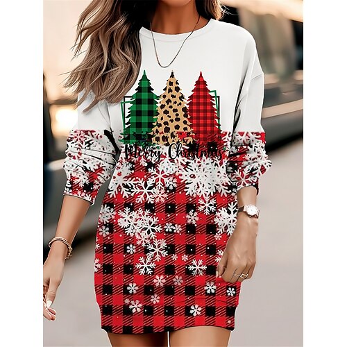 

femme Noël tenue décontractée robe sweat mini robe chaud mode extérieur vacances col rond imprimé géométrique arbre flocon de neige coupe ample jaune vin vert s m l xl xxl