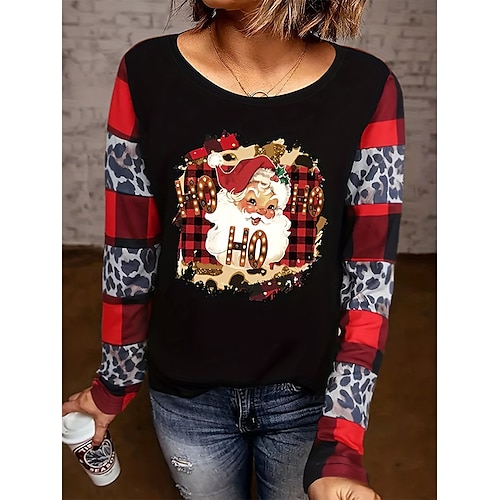 

Mujer Pull-over Sudadera navideña Ropa deportiva Gracioso Festival Negro Vino Rojo Plaid Papá Noel Navidad Casual Escote Redondo Manga Larga Top Microelástico Otoño invierno