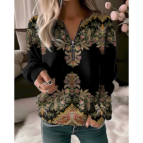 

Women's Sweatshirt Pullover Active Quarter Zip Pink Blue Purple Floral Casual Sports V Neck Long Sleeve Top Micro-elastic Fall Winter