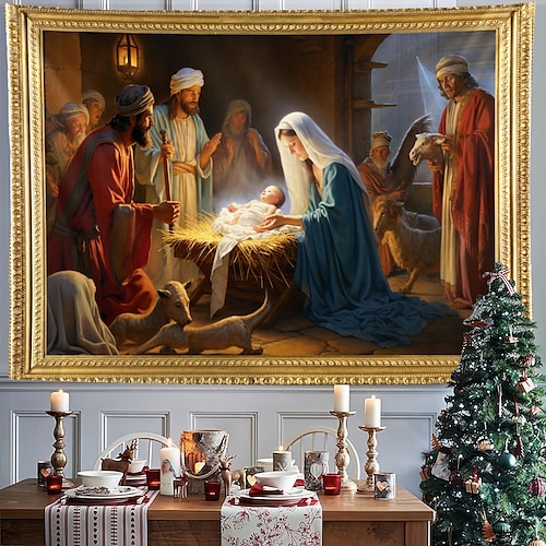 

Christmas Nativity Scene Jesus Baptism Hanging Tapestry Wall Art Xmas Large Tapestry Mural Decor Photograph Backdrop Blanket Curtain Home Bedroom Living Room Decoration