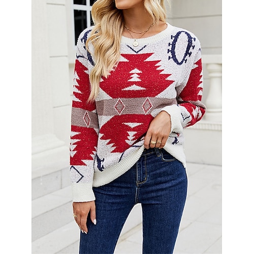 

Women's Pullover Sweater Christmas Jumper Ribbed Knit Short Oversized Geometric Crew Neck Stylish Casual Christmas Daily Fall Winter Pink Apricot S M L