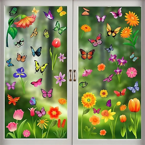 

Pegatinas adhesivas para ventana de primavera y verano, 81 Uds., tulipanes, girasoles, flores de mariposa, calcomanía para ventana para fiesta en casa, tienda, decoraciones de exhibición de vidrio