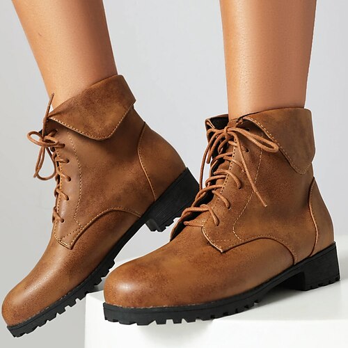 

Mulheres Botas Coturnos Tamanhos Grandes Botas de amarrar Ao ar livre Diário Botas Botas Tornozelo Inverno Cadarço Sem Salto Vintage Moda Casual Caminhada Couro Sintético Com Cadarço Côr Sólida Preto