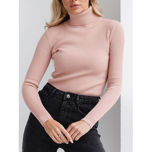 

Pull Maille Femme A côtes Tricoter Normal Mince Couleur unie Col Roulé mode Décontractées du quotidien Sortie manche longue Automne Hiver Marron Rouge Rose Claire Taille unique