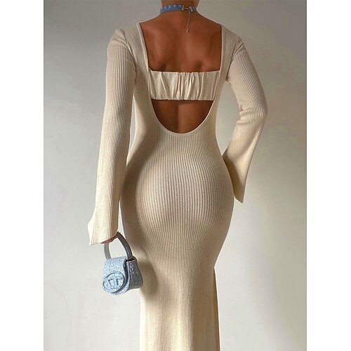

Mulheres Vestido de moletom Saltador Estriado Tricotar Longo Sem costas Côr Sólida Gola Redonda à moda Sensual Diário Para Noite Outono Inverno Bege S M L