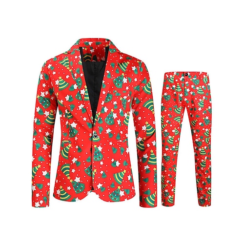 

Trajes de fiesta divertidos y feos de Navidad para hombre, trajes con estampado rojo, 2 piezas, estampados, corte a medida, un solo pecho, un botón, 2023