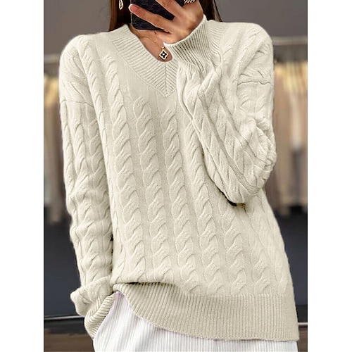 

Women's Pullover Sweater Jumper Jumper Cable Knit Regular Oversized Solid Color V Neck Stylish Casual Outdoor Daily Fall Winter Black Camel S M L