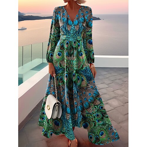 

Mujer Vestimenta casual Vestido de Columpio Vestido de una línea Pluma Estampado Escote en Pico vestido largo vestido largo Moda Ropa de calle Exterior Diario Manga Larga Ajuste regular Azul Piscina