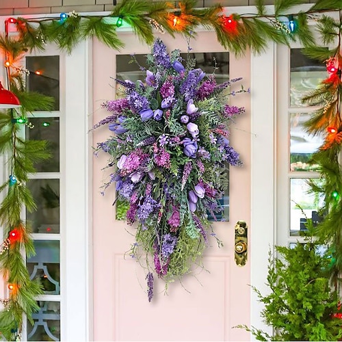 

Couronne de porte printemps violet tulipe fleurs artificielles couronne lilas tulipe hortensia coloré printemps/été couronne décoration de la maison pour porte d'entrée salon jardin mariage festival