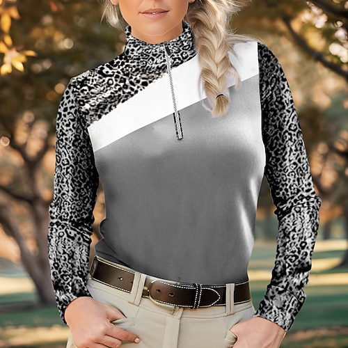 

Damen poloshirt Golfhemd Atmungsaktiv Schnelltrocknend Feuchtigkeitsableitung Langarm Golfbekleidung Golfkleidung Regular Fit 1/4 Reißverschluss Stehkragen Leopard Farbblock Frühling Herbst Tennis