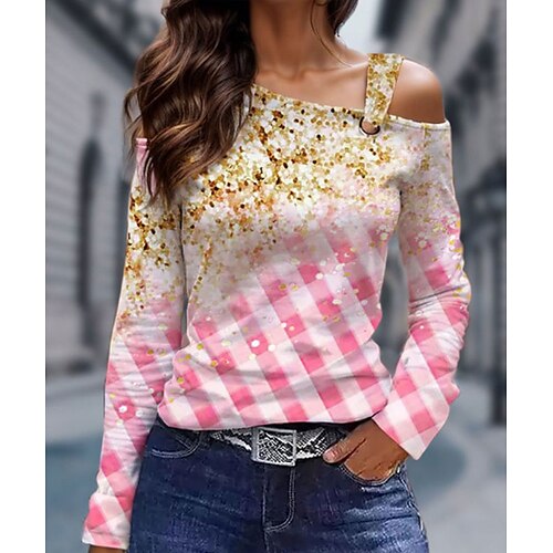 

Femme T shirt Tee Rose Claire Plaid Imprimer manche longue du quotidien Fin de semaine basique Cou diagonal Standard Peinture Printemps Automne