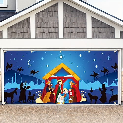 

Couverture de porte de garage extérieure pour crèche de Noël, grande bannière de décoration de toile de fond de Noël, décoration murale pour vacances de Noël