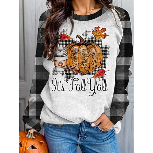 

Femme Sweat-shirt Halloween Sweat Actif Vêtement de sport Blanche Plaid Potiron Halloween Casual Col Rond manche longue haut Micro-élastique Automne hiver