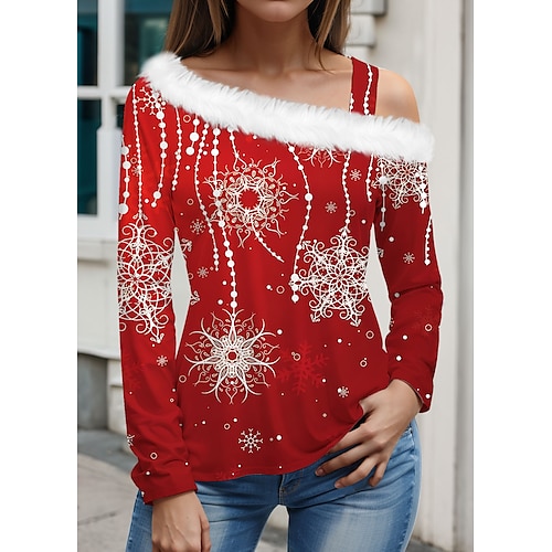 

Damen T Shirt Weihnachts-Shirt Rosa Wein Rote Leopard Weihnachtsbaum Schneeflocke Bedruckt Langarm Weihnachten Wochenende Fest / Feiertage Diagonaler Hals Regular Fit Farbe Frühling Herbst