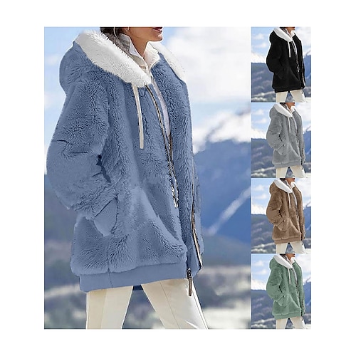 

Women's Fleece Jacket Sherpa Jacket Teddy Coat Outdoor Street Daily Wear Fall Winter Regular Coat Regular Fit Windproof Warm Comtemporary Stylish Plush Jacket Long Sleeve Plain Full Zip Black