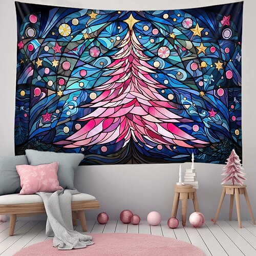 

Navidad rosa tapiz colgante vidrieras árbol arte de la pared gran tapiz mural decoración fotografía telón de fondo manta cortina hogar dormitorio sala de estar decoración