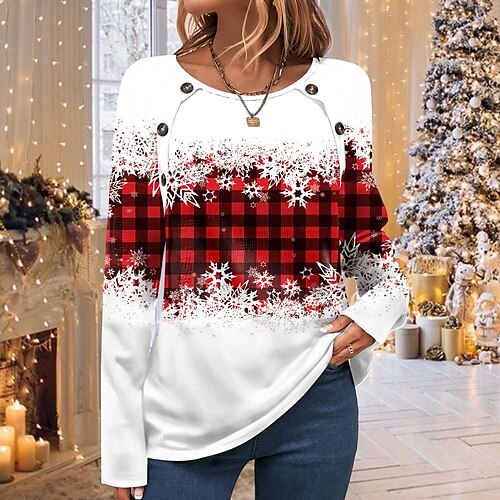 

Damen T Shirt Weihnachts-Shirt Rote Plaid Schneeflocke Taste Bedruckt Langarm Weihnachten Wochenende Modisch Rundhalsausschnitt Regular Fit Farbe Frühling Herbst