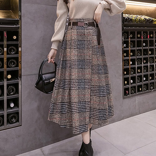 

Damenrock Swing Midi Plaid Schwarz Khaki Kaffeegrau Röcke Herbst Winter Hohe Taille Vintage Elegant Straße Alltag S M L