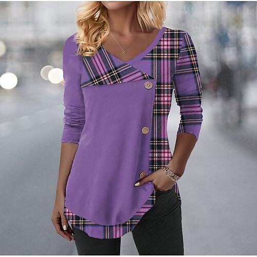 

Damen T Shirt Rosa Blau Purpur Plaid Taste Bedruckt Langarm Täglich Wochenende Modisch V Ausschnitt Regular Fit Farbe Frühling Herbst